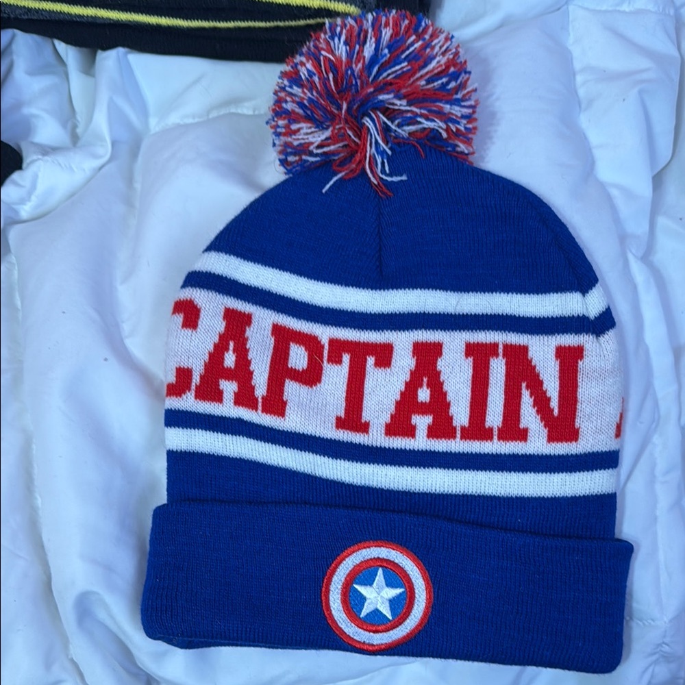 Blue Captain America Beanie with Pom Pom